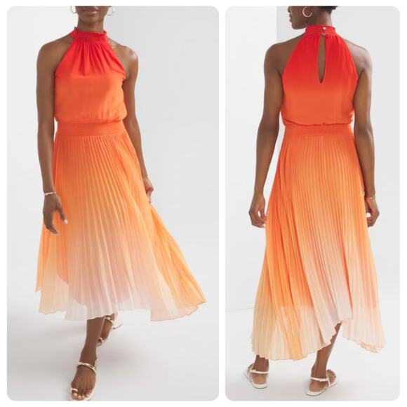 White House Black Market Dresses & Skirts - WHBM Orange Ombre Halter Pleated Shark-bite Midi Dress women’s size 6 NEW